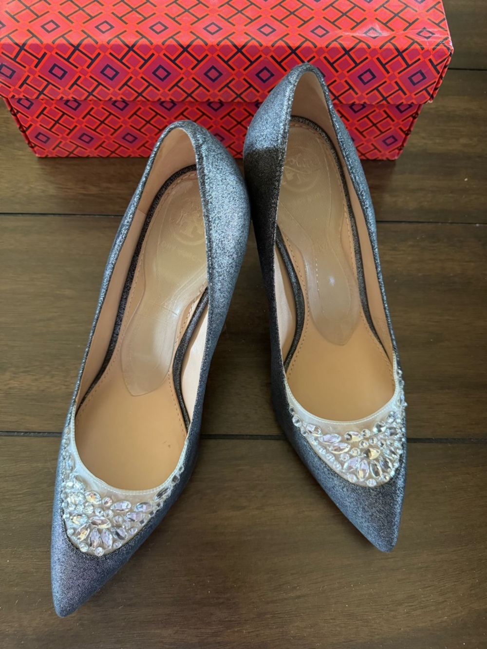 Tory Burch Gunmetal Glitter Pointed-Toe Pumps with Crystal Appliqué